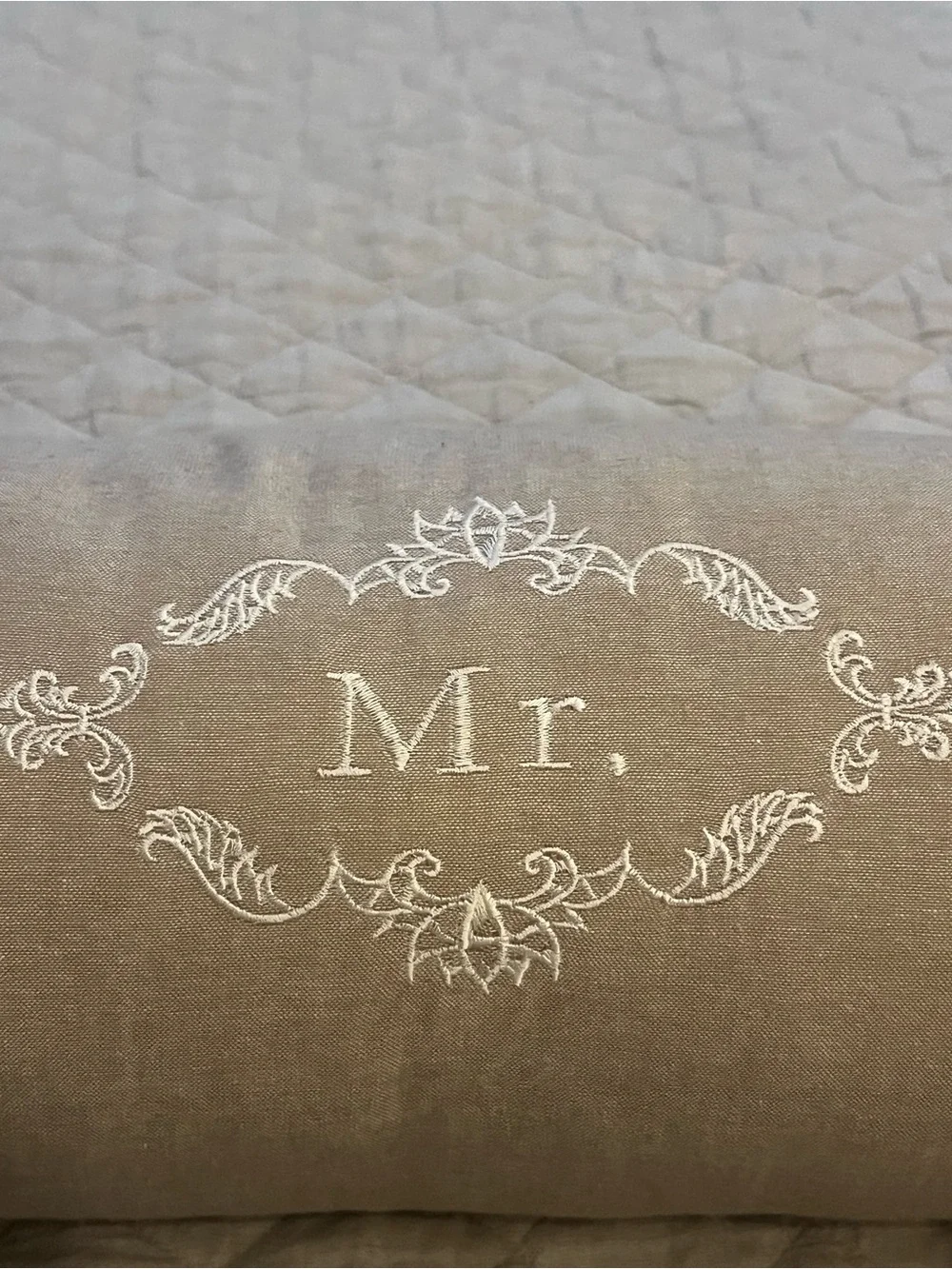 Mr. & Mrs. Embroidered Decorative Bolster Pillows - Taupe